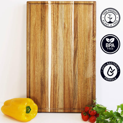 Acacia Wood Cutting Board for Kitchen 15.7 x 10.2 Inch (ExtraThick 1.6") Non Toxic Wooden Chopping Board for Meat, Cheese, Charcuterie Boards with Handle, Hardwood Butcher Block (Oil & Plate Included)