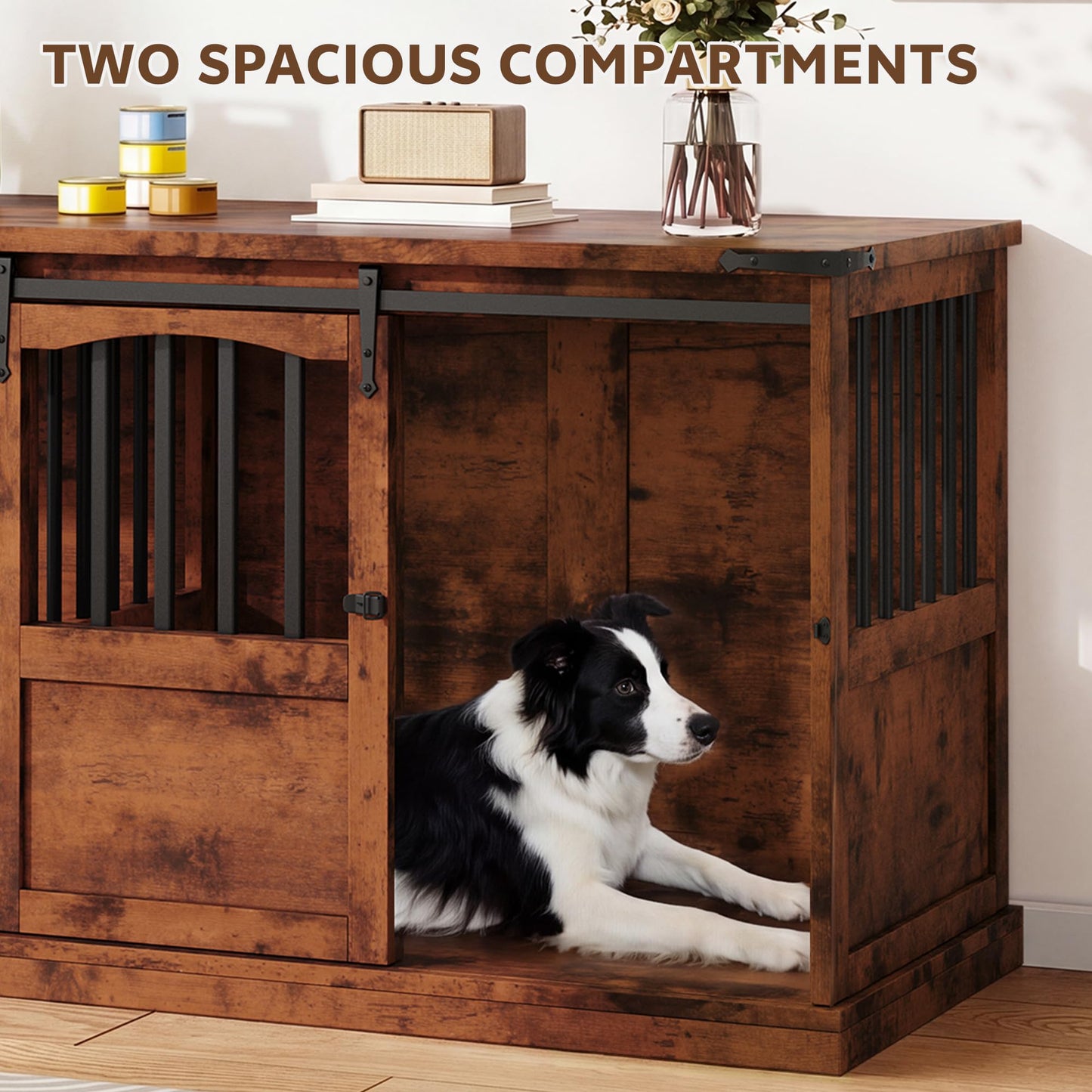 Homiflex Double Dog Crate Furniture with Barn Sliding Doors, 72" Large Dog Kennel Furniture Indoor with Divider for 2 Medium Large Dogs, Heavy Duty Wooden Dog Cage Decorative TV Stand, Brown