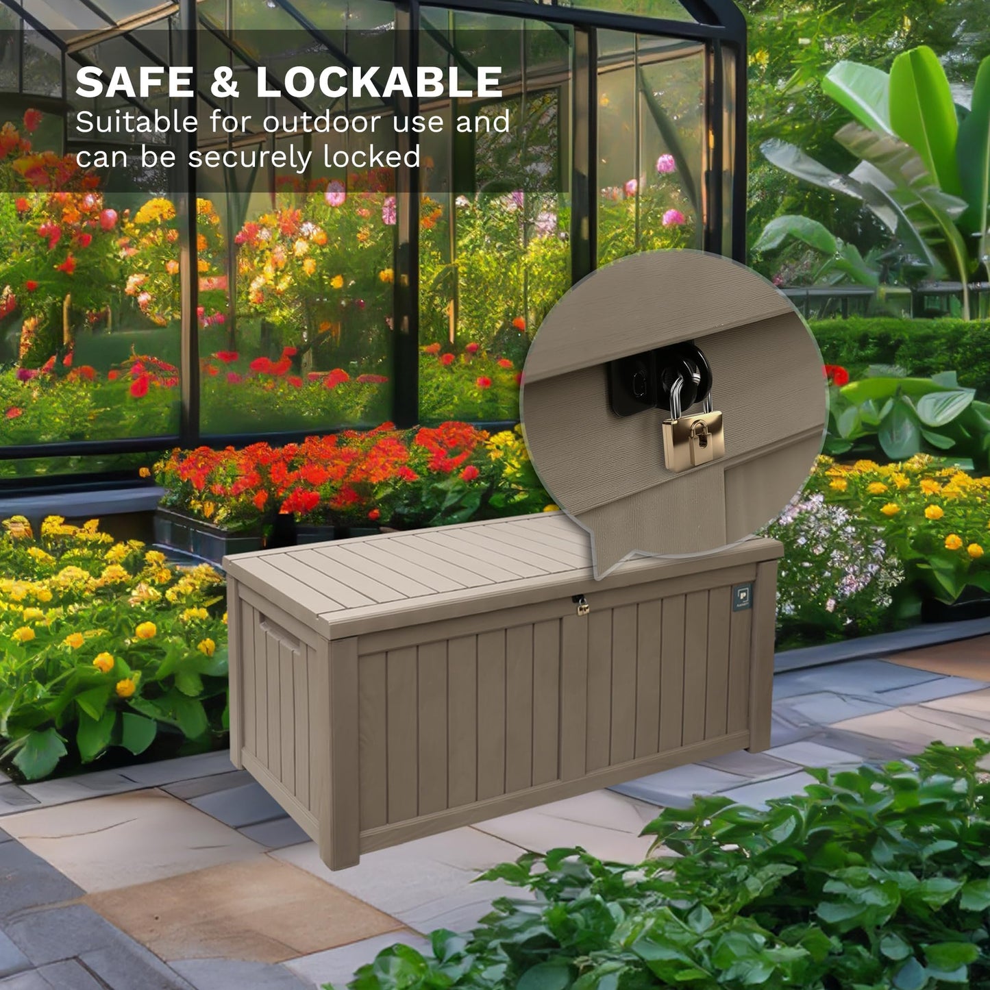 Large Outdoor Storage Box, 230 Gallon Deck Boxes Outdoor, Durable Resin Waterproof Deck Box for Patio Furniture Outdoor Cushions Garden Tools and Pool Storage (Light Brown, 230 Gallon)