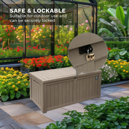 Large Outdoor Storage Box, 230 Gallon Deck Boxes Outdoor, Durable Resin Waterproof Deck Box for Patio Furniture Outdoor Cushions Garden Tools and Pool Storage (Light Brown, 230 Gallon)
