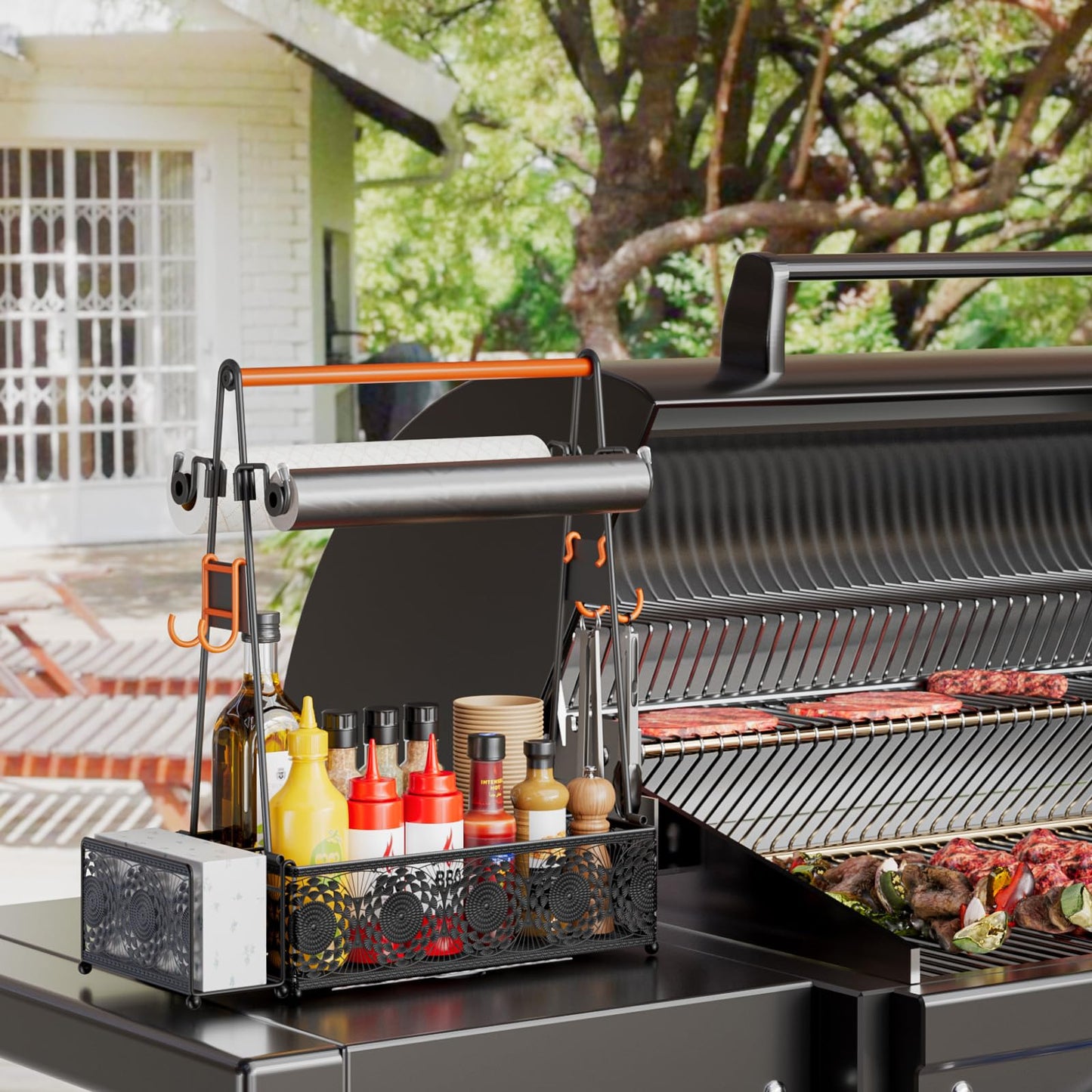 EKNITEY Outdoor Grill Caddy Organizer: Camping Kitchen Accessories Rack With Paper Towel - Utensil Condiment Storage For Patio Camper BBQ Party RV