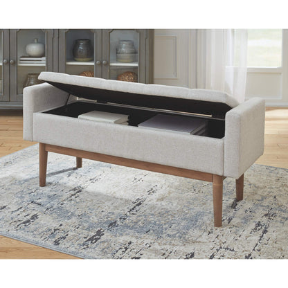 Signature Design by Ashley Briarson Tufted Upholstered Accent Bench with Storage, Hinged Seat, Raised Edges, Wood, Fabric Upholstery, Wood Legs" Light Brown Finish, Beige