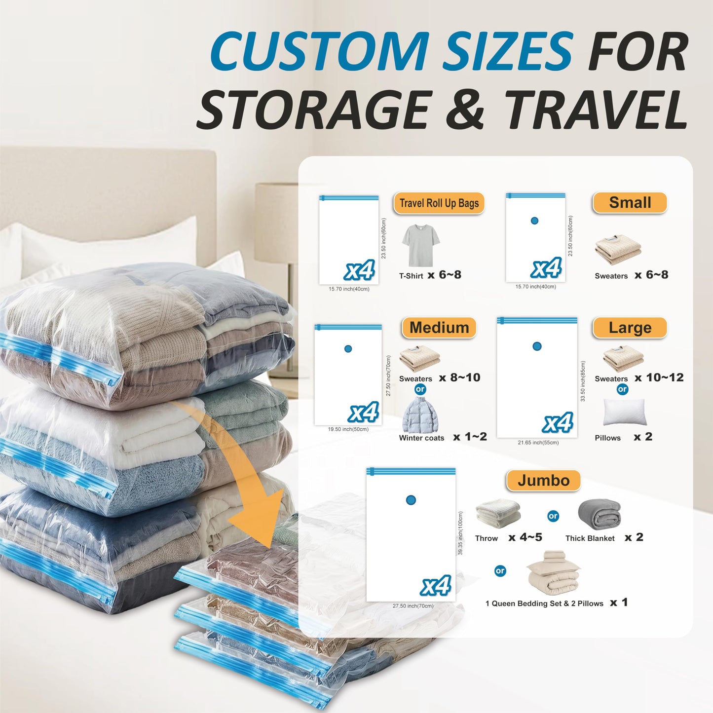Cozy Essential Vacuum Storage Bags, 80% Compression Vacuum Seal Space Saver Plastic Packaging Bags for Clothes, Blankets, Pillow, Bedding, Comforters, Sealer Clothing Storage,20 Combo
