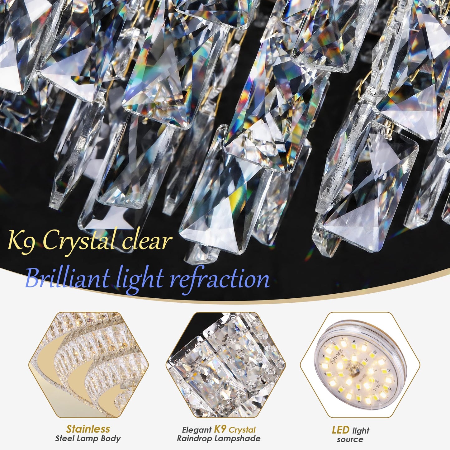 30 inch Crystal Gold Ceiling-Light Flush Mount With Remote Control and APP, 3CCT Dimmable & Brightness Adjustable, Modern Crystal Raindrop Chandeliers for Bedroom Hallway Dinning Room Living Room