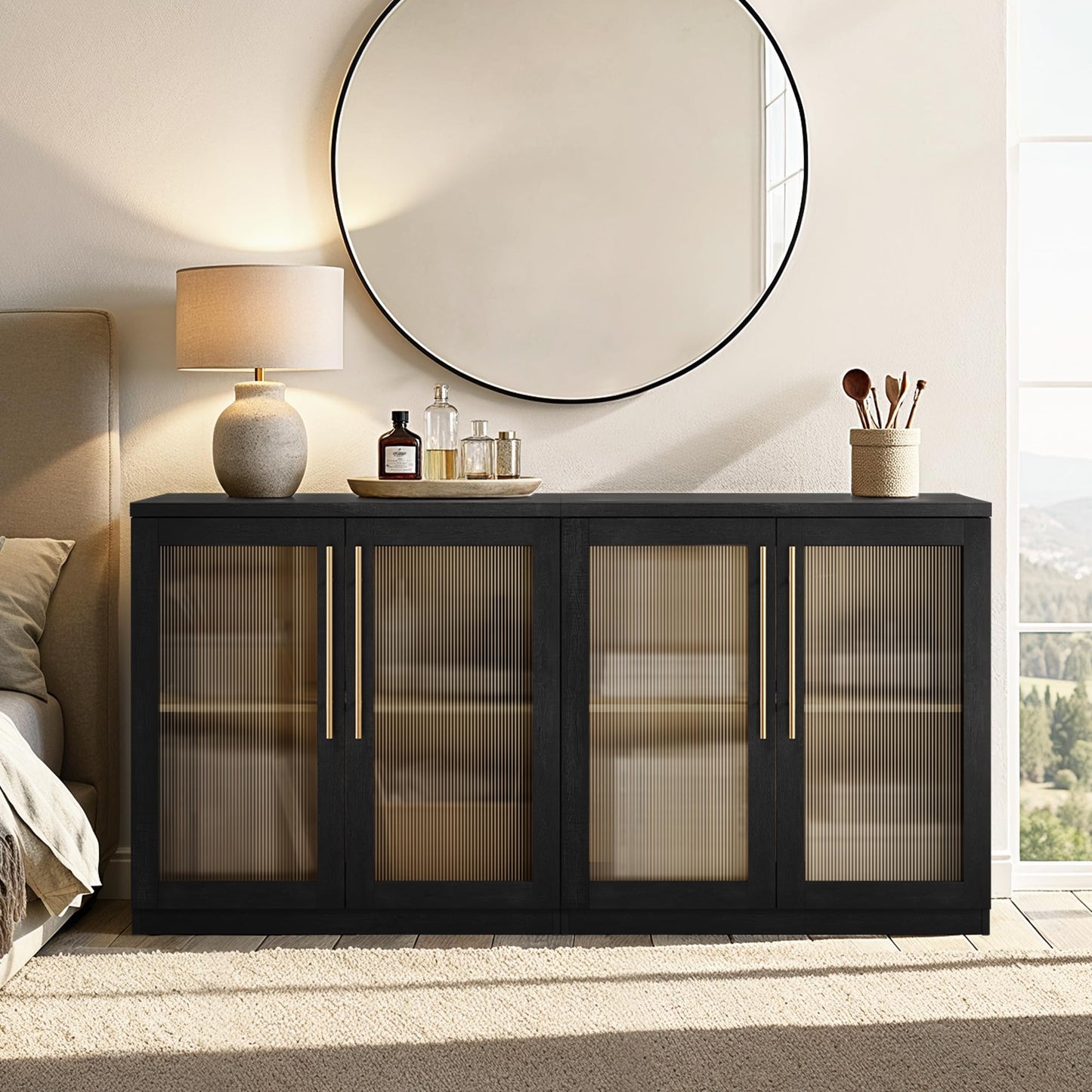 ModernMate Set of 2 Accent Sideboard Cabinets, 62" Modular Storage Buffet Table with Acrylic View Doors, Black Wood Grain Media Console with Soft-Close Hinges for Living Room, Dining Room