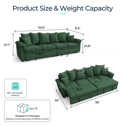 LINSY HOME Oversized Sectional Sleeper Sofa with Pull Out Couch Bed (Green, 110.5'')