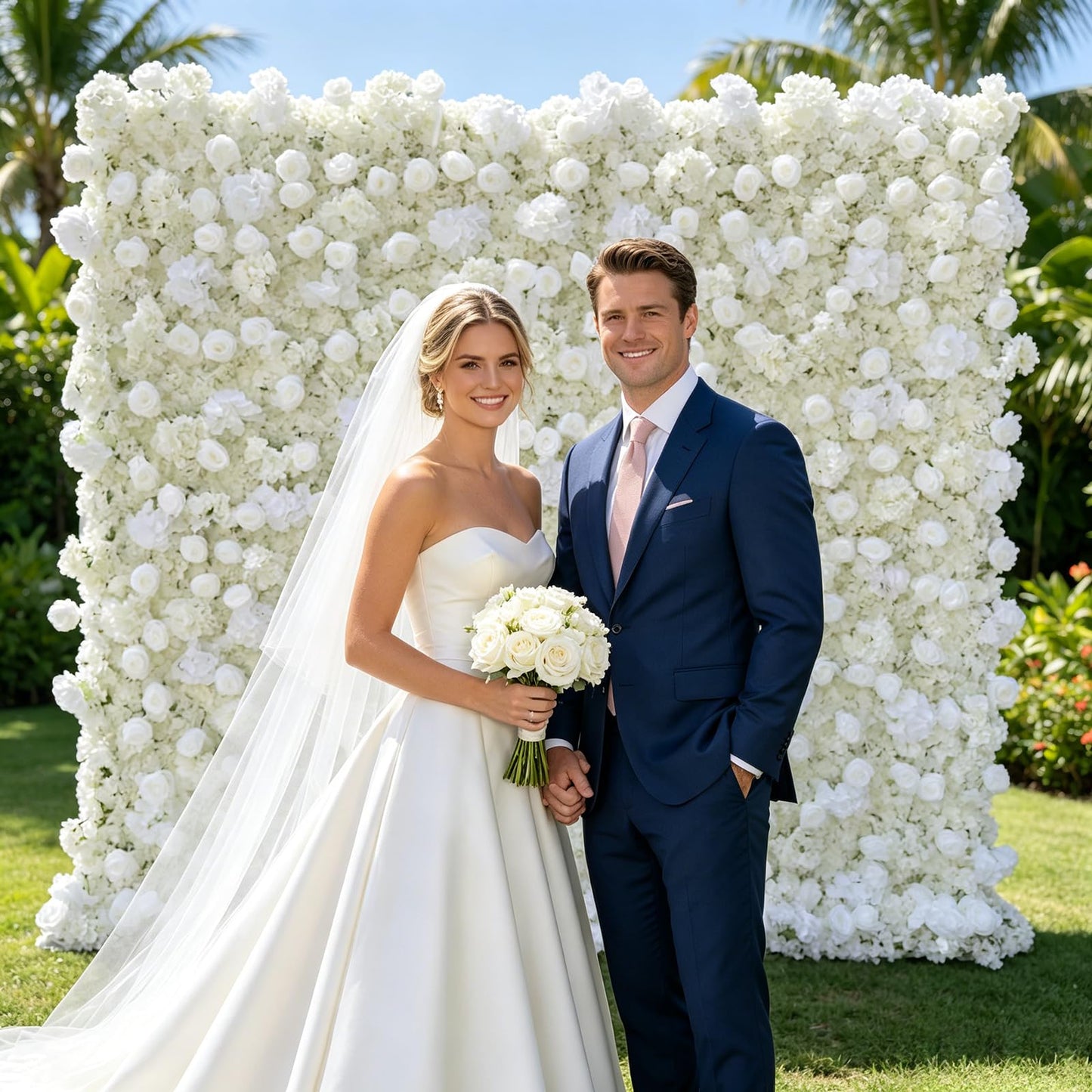 5D Artificial Silk Rose Flower Wall Backdrop, Exquisite White Floral Wall, 8×8 Ft, Quick Installation & Easy Storage, Reusable, Suitable for Weddings, Birthday Parties and Home Decor, Without Stand.