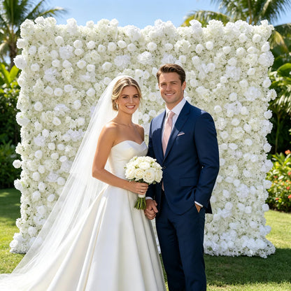 5D Artificial Silk Rose Flower Wall Backdrop, Exquisite White Floral Wall, 8×8 Ft, Quick Installation & Easy Storage, Reusable, Suitable for Weddings, Birthday Parties and Home Decor, Without Stand.