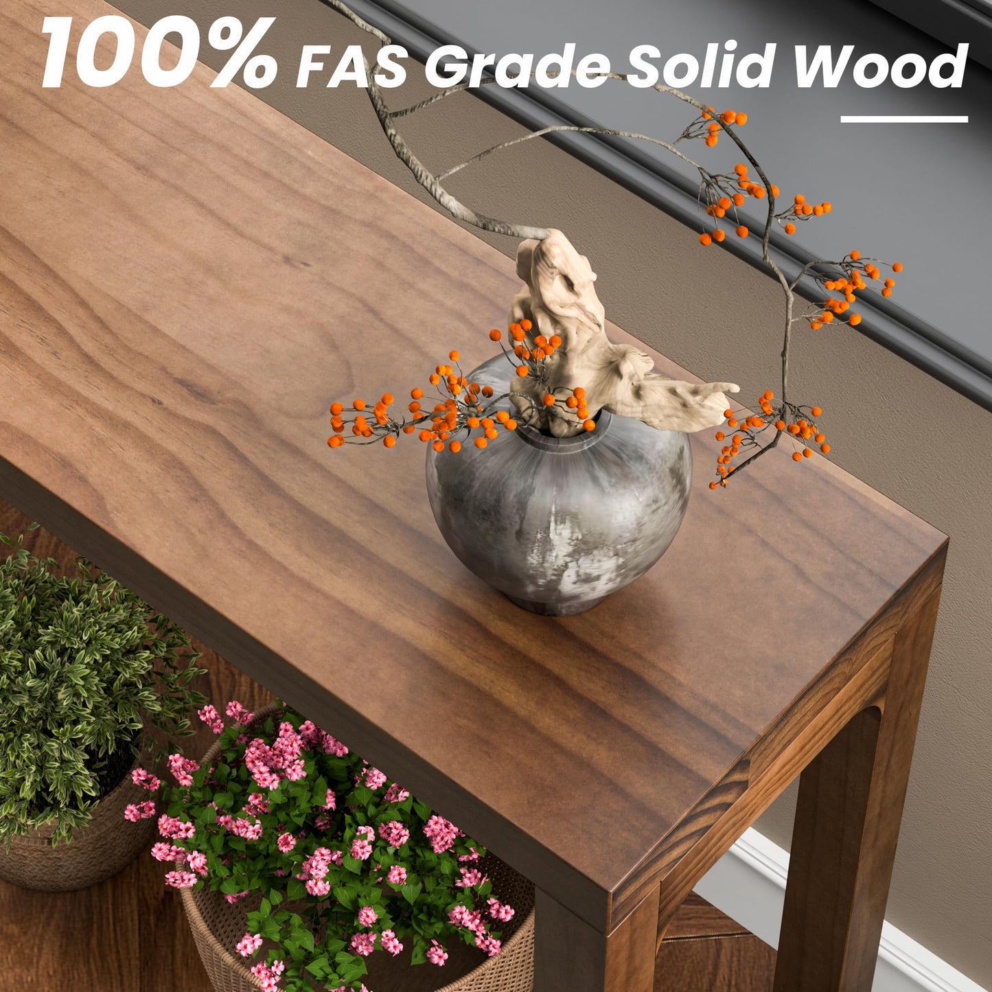 ENPKLUTE Solid Wood Console Table - Narrow Entryway Table, 47.2 Inch Sofa Tables Behind Couch, Farmhouse Console Tables for Entryway, Hallway, Living Room, Foyer, Easy Assembly - Walnut