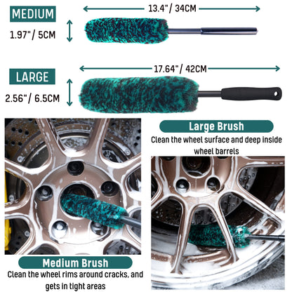oesee Professional 4 Pack Long Handle Wheel Brush Kit for Cleaning Wheel and Tire- 2X Soft Wheel Cleaning Brush, Detailing Brush and Stiff Tire Brush, Bendable& Durable Wheel Rim Cleaner Brush Set