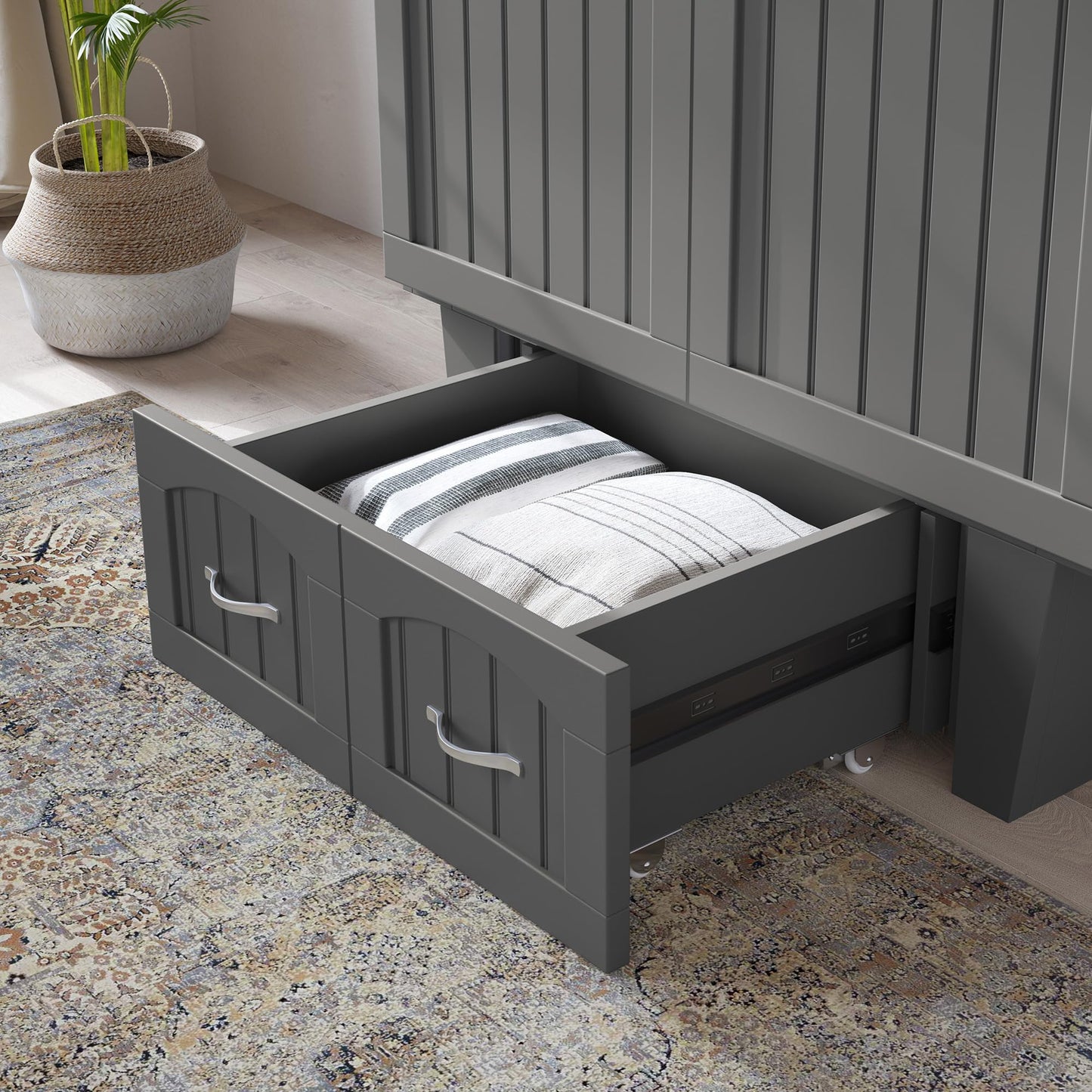 AFI, Nantucket Twin Murphy Bed Chest with Mattress, Storage Drawer and Built-In USB Charger, Grey