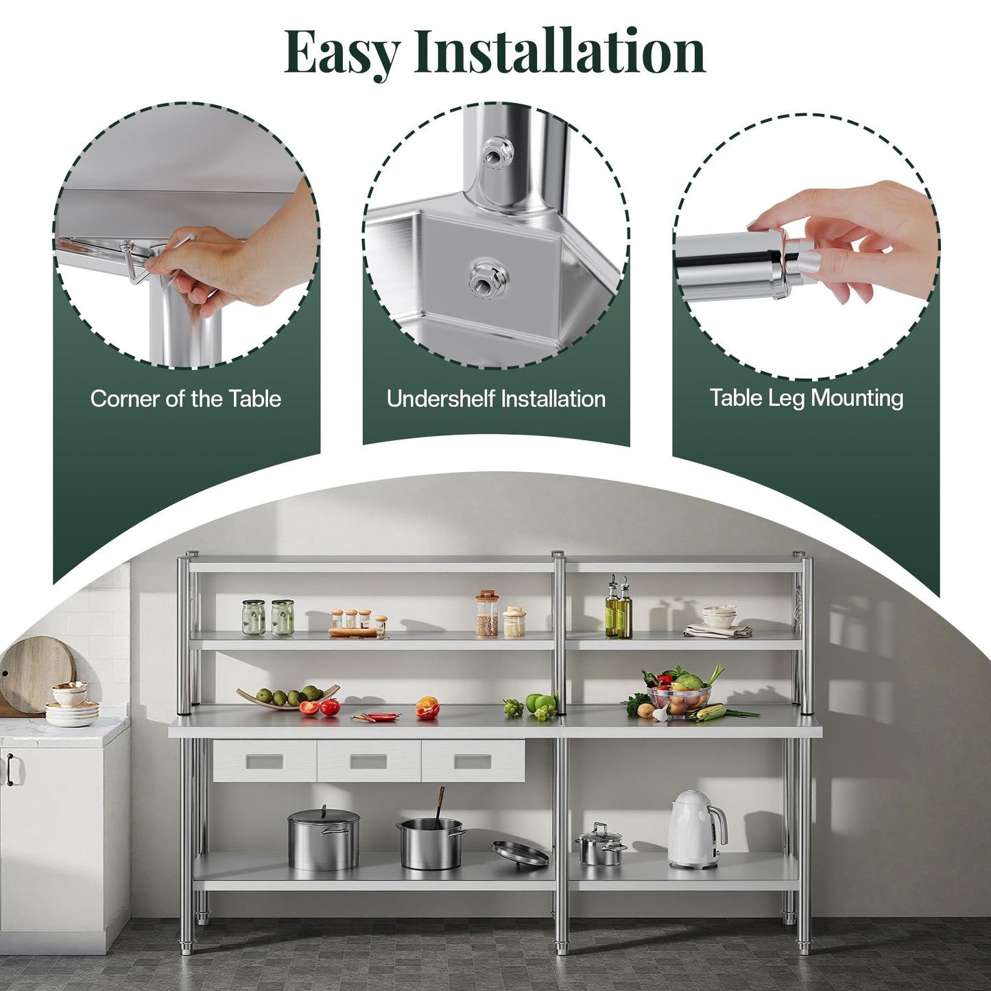 Jocisland 96"x24" Stainless Steel Work Table with Overshelves, 2/3 Drawers, Adjustable Shelf & Hooks, Food-Grade Stainless Steel Heavy-Duty Prep Station for Commercial Kitchen, Restaurant, or Garage