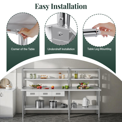 Jocisland 96"x24" Stainless Steel Work Table with Overshelves, 2/3 Drawers, Adjustable Shelf & Hooks, Food-Grade Stainless Steel Heavy-Duty Prep Station for Commercial Kitchen, Restaurant, or Garage