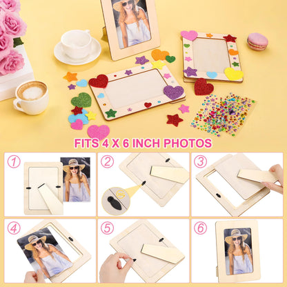 Aneco 6 Packs Picture Frame Painting Craft Kit for 4 x 6 Inch Photo DIY Unfinished Wooden Photo Frames with Diamond and Foam Stickers for DIY Crafts, Paint and Decorate