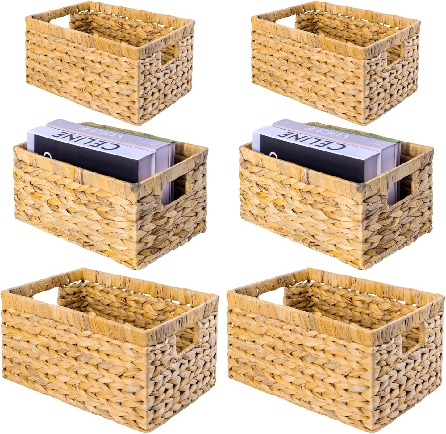 M4DECOR Water Hyacinth Storage Baskets Set of 6 - Handwoven Wicker Organizing Baskets for Shelves & Pantry