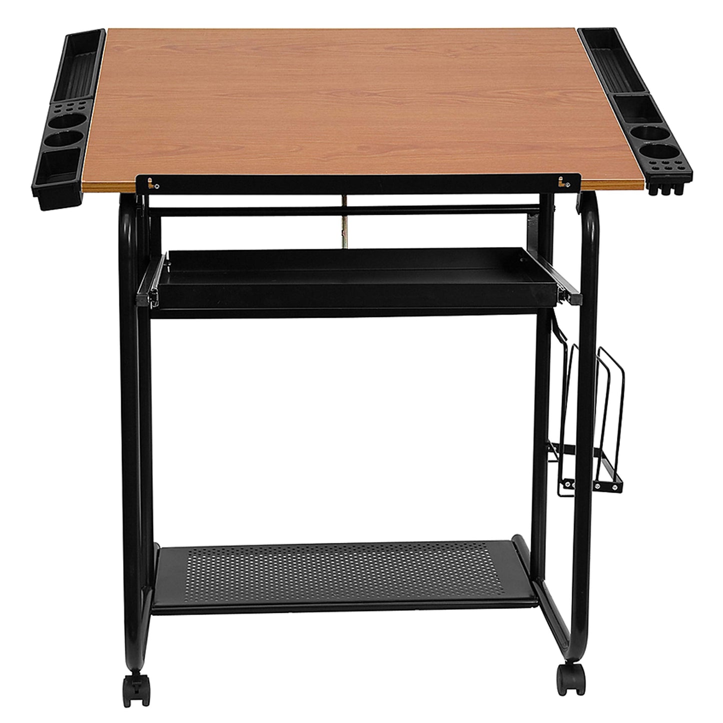 Flash Furniture Swanson Adjustable Drawing and Drafting Table with Black Frame and Dual Wheel Casters, Cherry