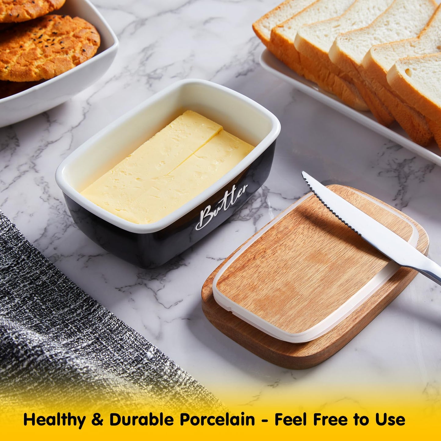 Black Butter Dish, ALELION Large Ceramic Butter Dish with Lid for Countertop, Butter Keeper Container with Acacia Wooden Lid, Kitchen Decor and Accessories for Counter