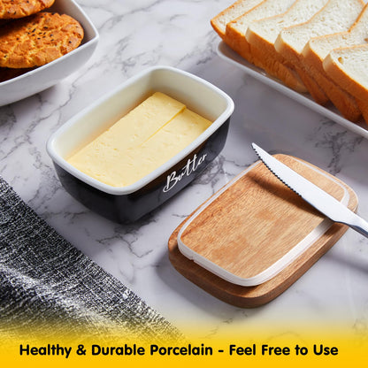 Black Butter Dish, ALELION Large Ceramic Butter Dish with Lid for Countertop, Butter Keeper Container with Acacia Wooden Lid, Kitchen Decor and Accessories for Counter