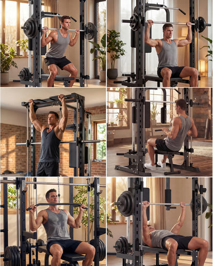 Garvee Smith Machine Home Gym, 1000 LB Power Cage Squat Rack with LAT Pulldown System, Chest Station & More Training Attachment, Multi-Functional Fitness Equipment for Full-Body Training, Black