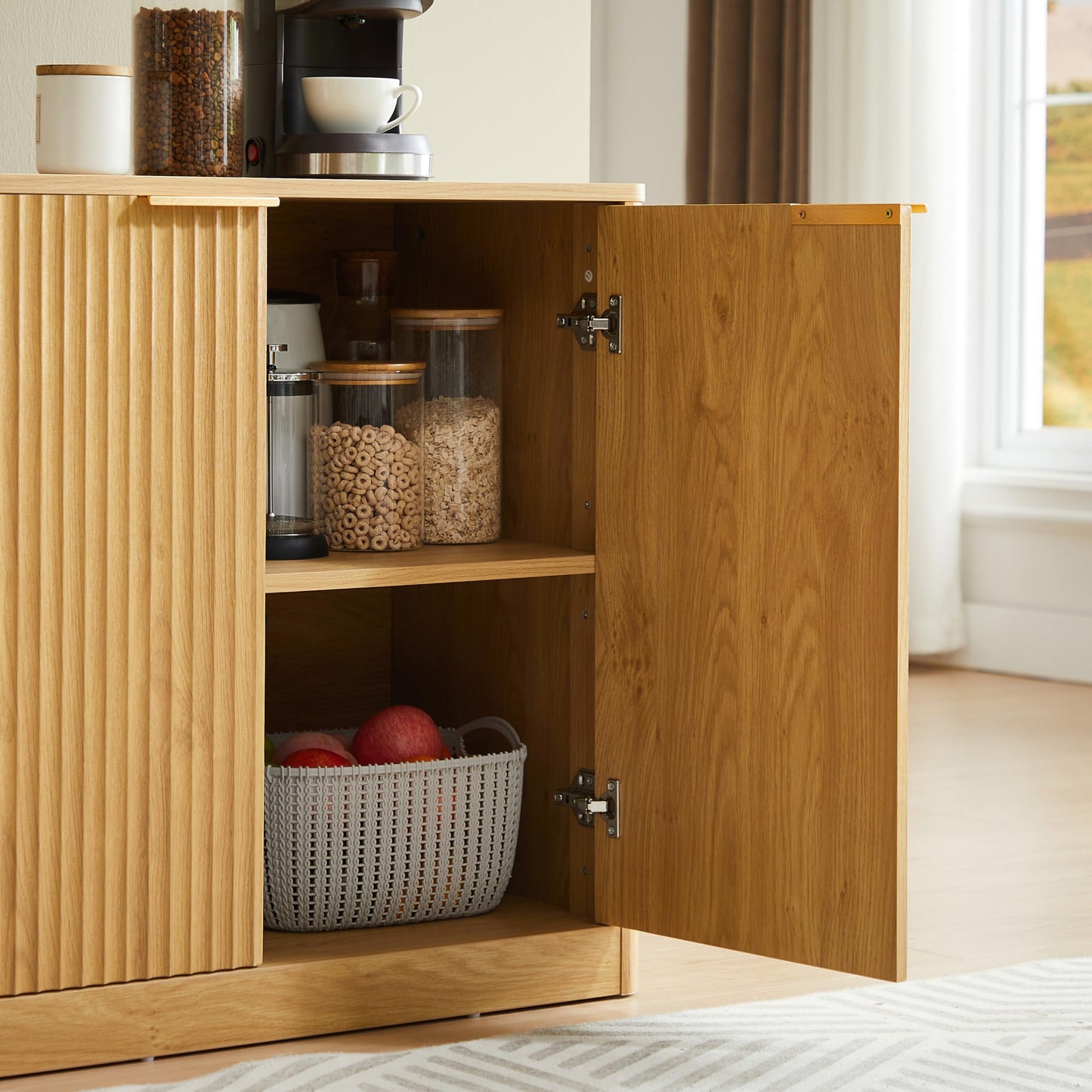 Ball & Cast 67" Modern Fluted Sideboard Buffet Cabinet with Storage,Curved Design Kitchen Coffee Bar Cabinet with 6 Doors & Shelves,Wood Credenza Cabinets Media Console for Living Room,Natural