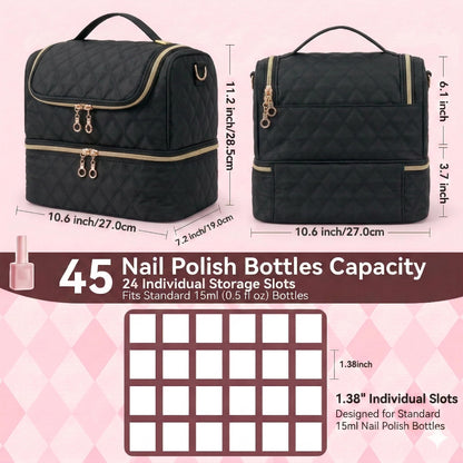 BAGCRAZY Nail Polish Organizer Case, Double Layer Nail Supplies Storage Bag holds 24 Bottles & UV/LED Lamp, Quilted Portable Manicure Travel Case with 8 Pcs Tools, for Nail Tech, Home & Salon, Black