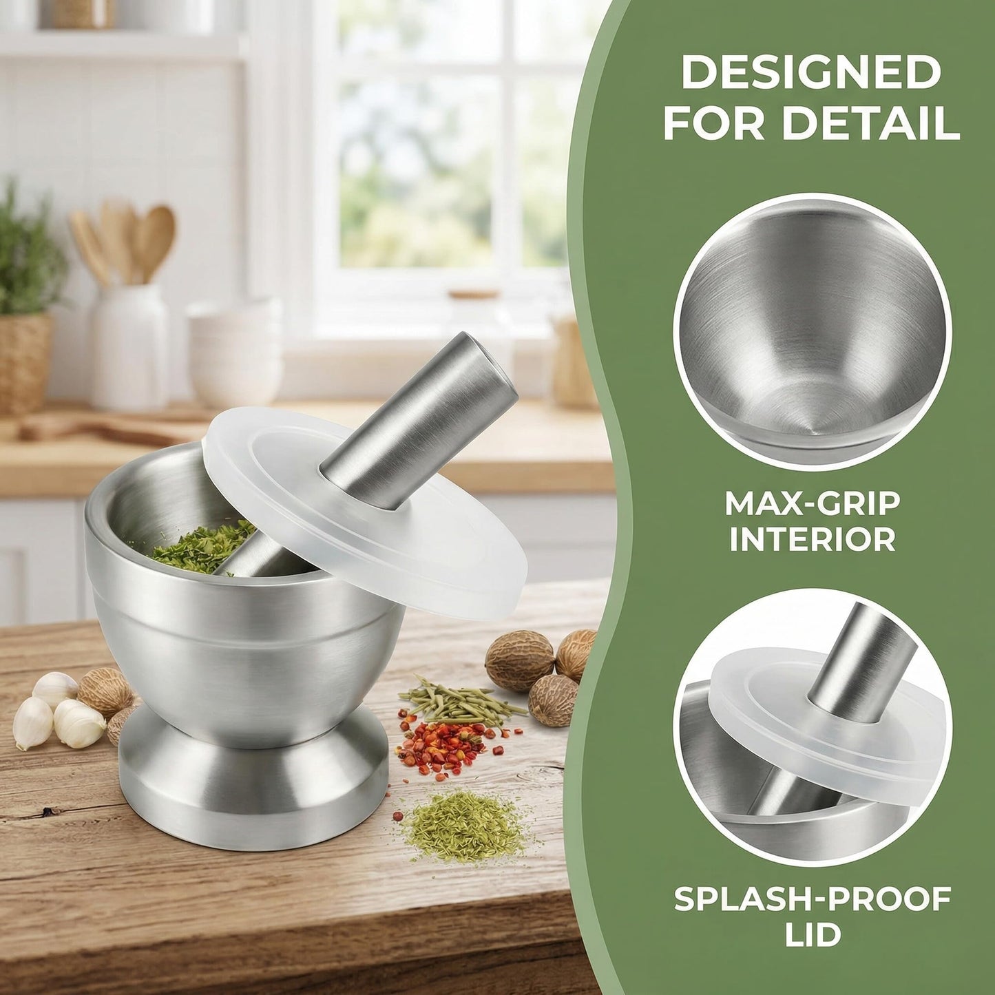 Stainless Steel Mortar and Pestle Set, Spice Grinder & Herb Grinder Bowl with Anti-Slip Base, Large Capacity, Easy to Clean Grinding Tool for Herbs, Spices & Tablets (Large)