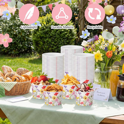 Hsei 60 16oz Pcs Floral Disposable Soup Bowls Ice Cream Cups Flowers Snack Paper Bowls Wildflower Dessert Sundae Yogurt