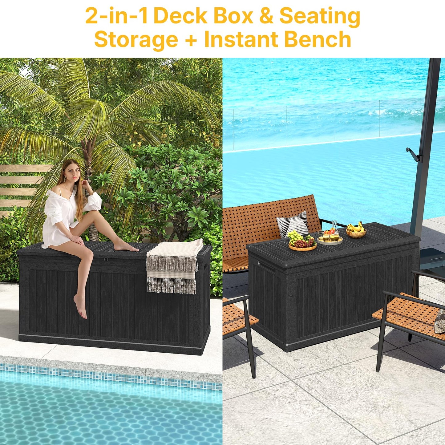 Skepphlay 260 Gallon Deck Box Large Outdoor Storage Box, Waterproof Pool Storage Cushion Boxes Bin, 440 lbs Load Capacity Black Outdoor Storage Bench for Garden, Patio