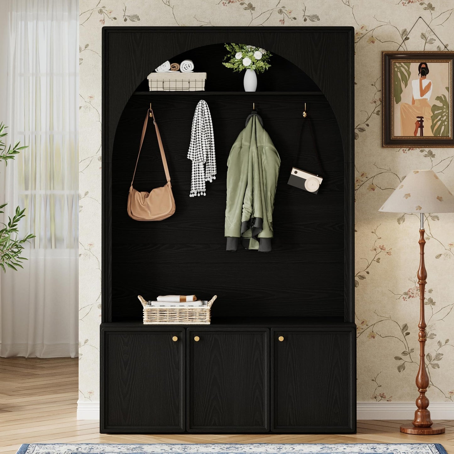 Merax Farmhouse Hall Tree with Bench and 3 Cabinets, 4-in-1 Entryway Coat Rack with 4 Golden Hooks and Top Compartments, 77.5" Retro Arched Entryway Hall Tree for Hallway, Mudroom, Entrance, Black