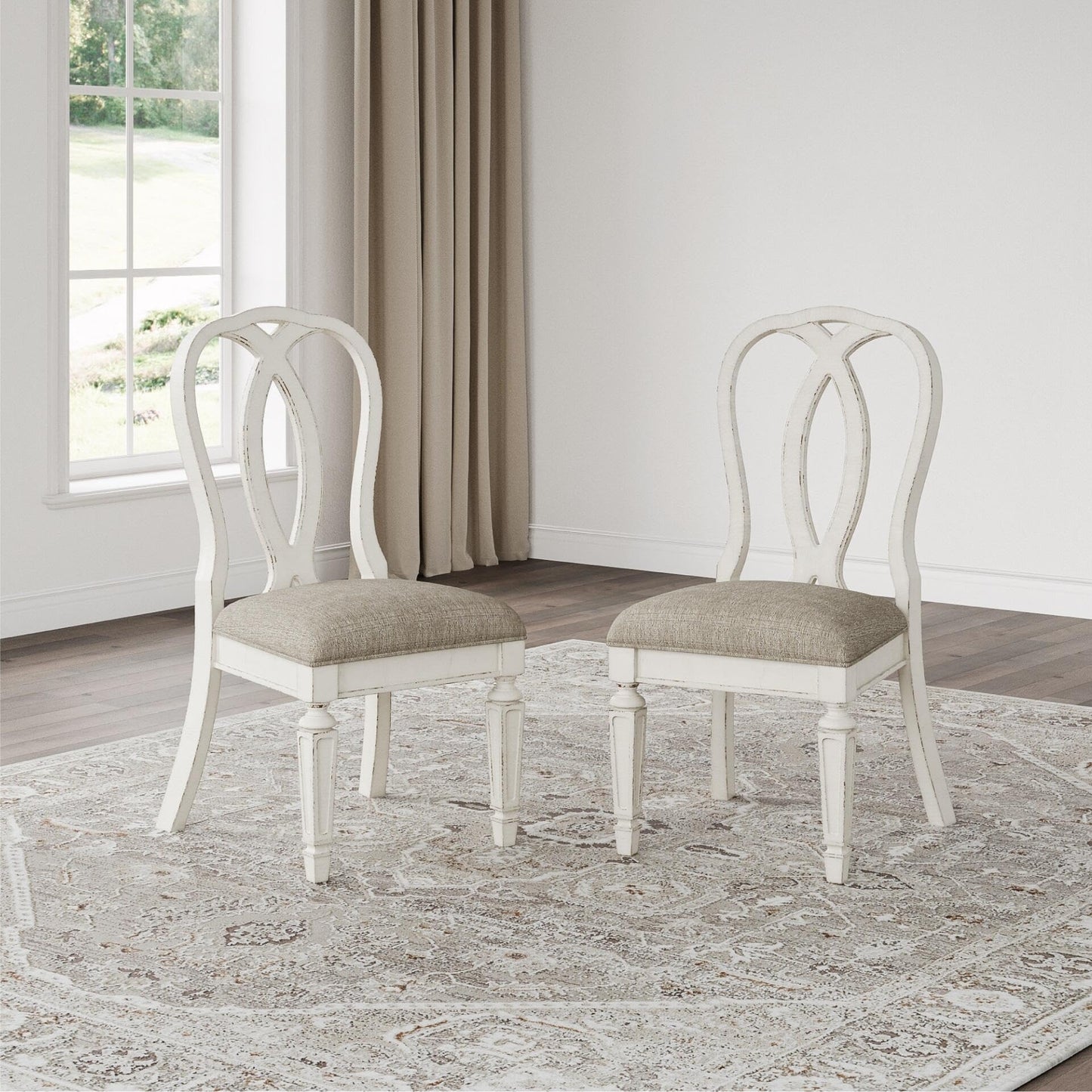 Signature Design by Ashley Realyn French Country Ribbon Back Dining Chair, 2 Count, Chipped White