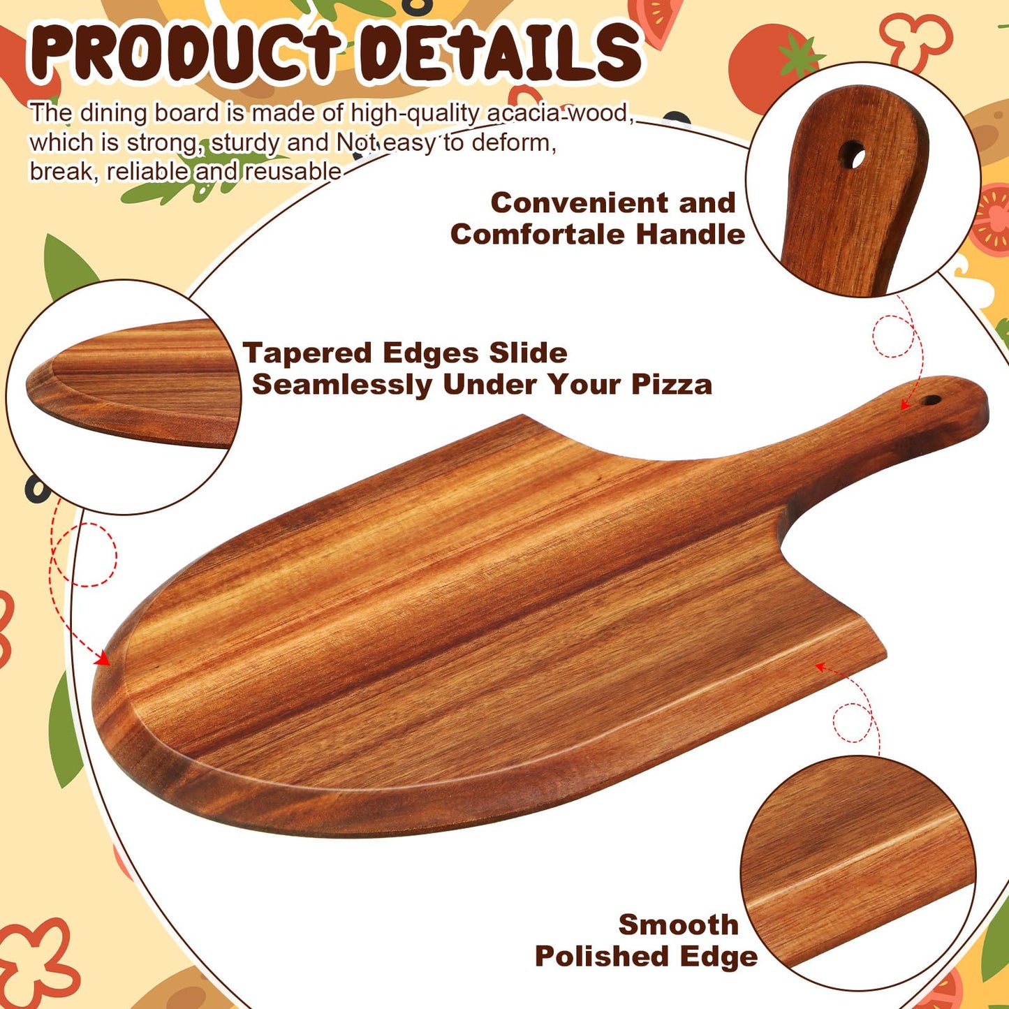 Dandat 6 Pcs Acacia Wood Pizza Peel with Handles 12 Inch Wooden Spatula Paddle Round Pizza Cutting Board Cheese Serving Tray for Meat Bread Charcuterie Deli