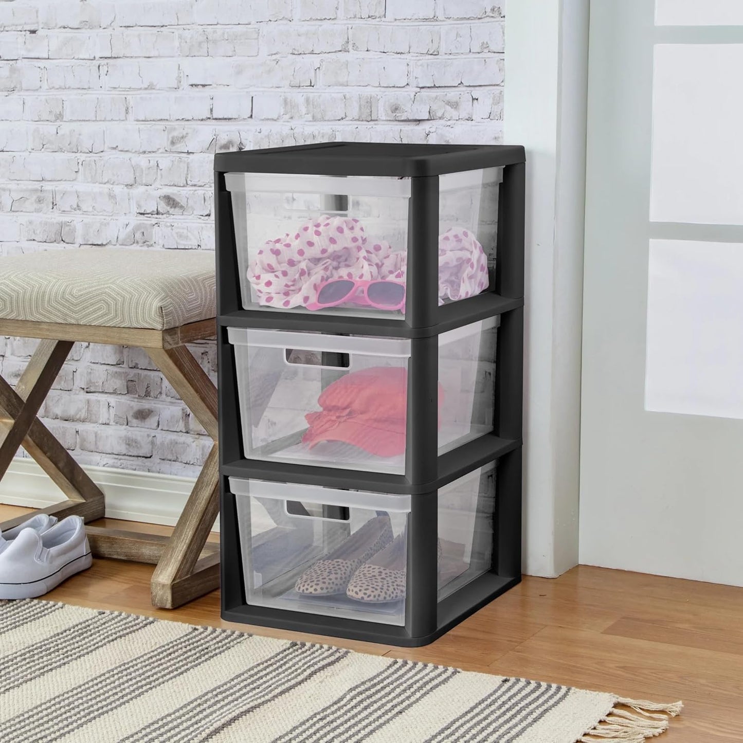 CLMSTE 3 Plastic Drawer Wide Tower Plastic Storage Cart with Clear Pull Out Drawers, Black (Black, Drawer Wide Tower)