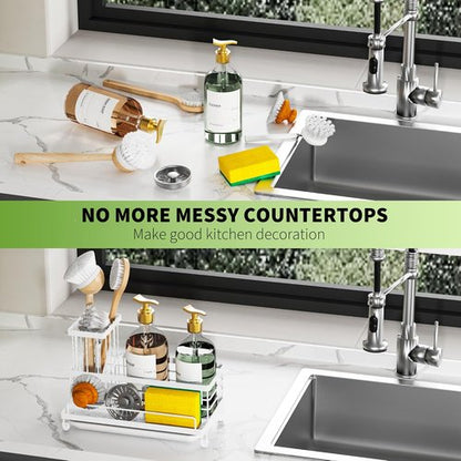Cisily Stainless Steel Kitchen Sink Caddy - Rustproof Organizer & Non-Slip Soap Dish Holder | White