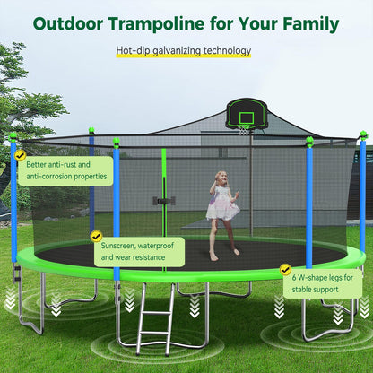 Tatub 16FT Trampoline for Kids and Adults, Outdoor Recreational Trampolines with Basketball Hoop & Enclosure Net, Green