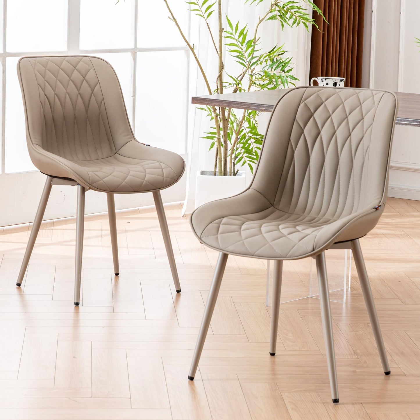 YOUNIKE Faux Leather Dining Chairs Set of 2 Mid-Century Modern High Padded Back Comfy Upholstered Kitchen Chairs with Metal Legs Wide Seat Accent Side Chair for Dining/Living/Waiting Room Khaki
