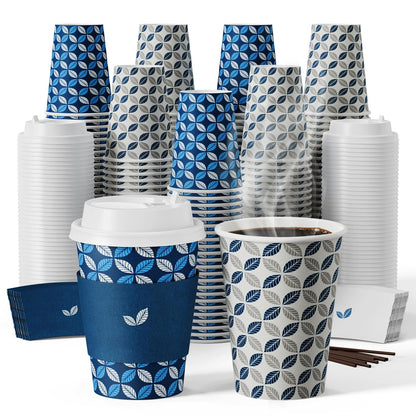 JOLLY CHEF 12oz Paper Coffee Cups 100 Pack, Disposable To Go Coffee Cups with Lids, Sleeves and Stirrers for Christmas