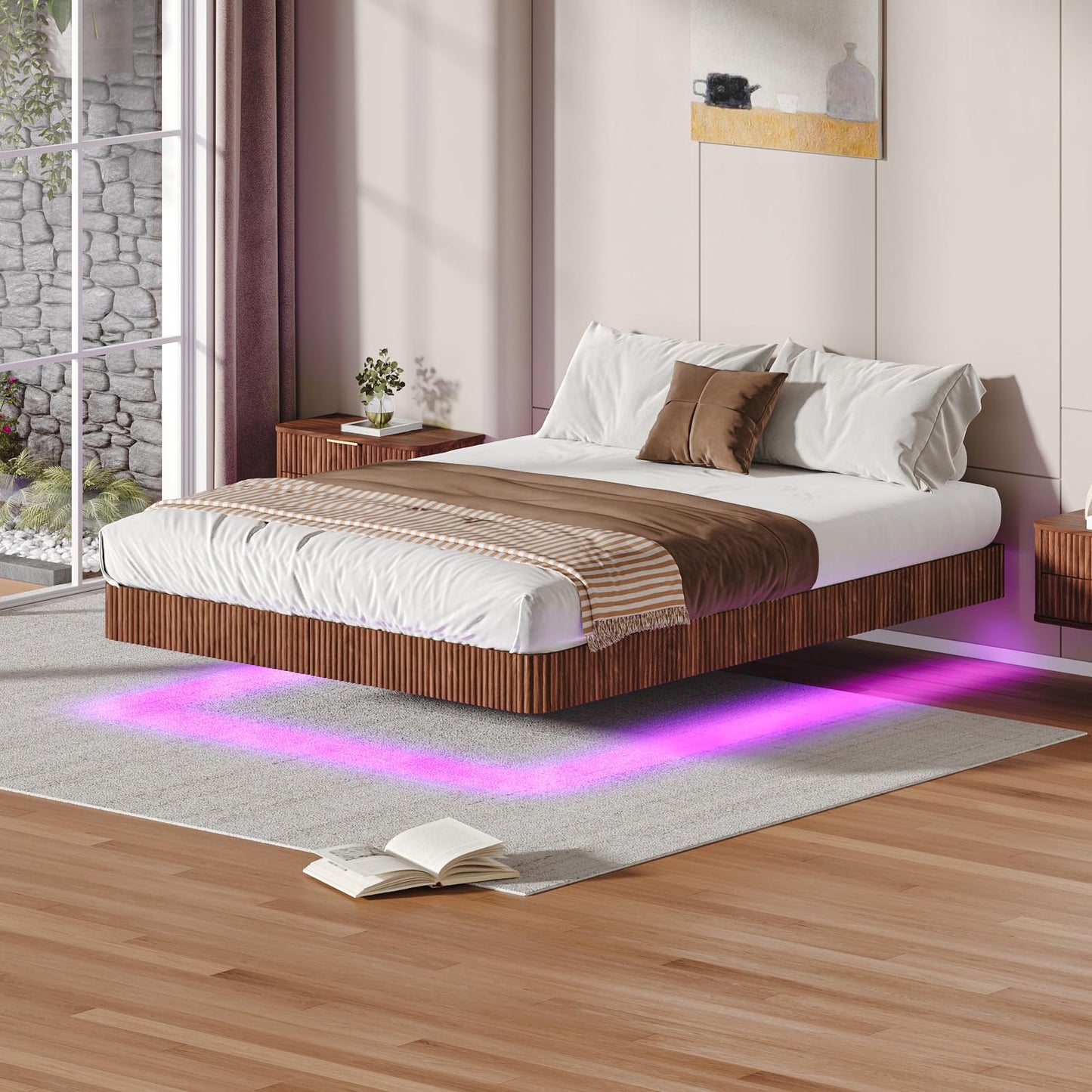 KEIKI Queen Size Floating Bed Frame with LED Lights, Wave Curve Wood Texture and Heavy Duty Metal Slats – Modern Queen Floating Bed Frame with Headboard – Walnut