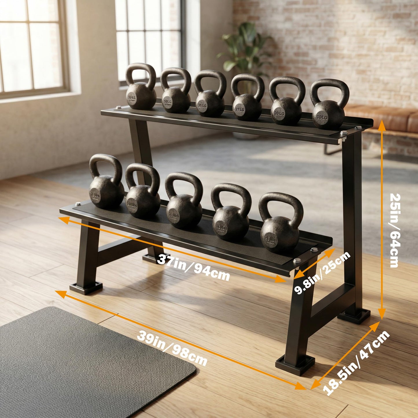 Kettlebell Storage Rack, 2-Tier Dumbbell and Kettlebell Rack for Home Gym Storage, Black Steel Construction, 39 x 18.5 x 25 Inches