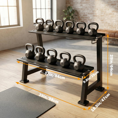 Kettlebell Storage Rack, 2-Tier Dumbbell and Kettlebell Rack for Home Gym Storage, Black Steel Construction, 39 x 18.5 x 25 Inches