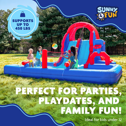 Sunny & Fun Ultra All-Play Inflatable Water Slide Park – Heavy-Duty for Outdoor Fun - Climbing Wall, Slides, Bounce House, Volley Net, Hoop, Deep Pool – Inflate w/Included Air Pump & Carrying Case