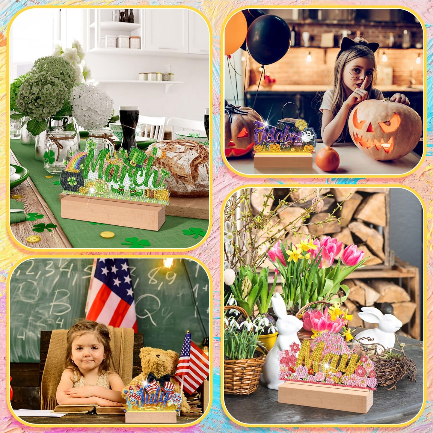 Chunful 13 Pcs Interchangeable Seasonal Diamond Art Tabletop Holiday Diamond Art Painting Kit with Wooden Light Base for Table Tiered Tray Home Office Tabletop Centerpiece Decor