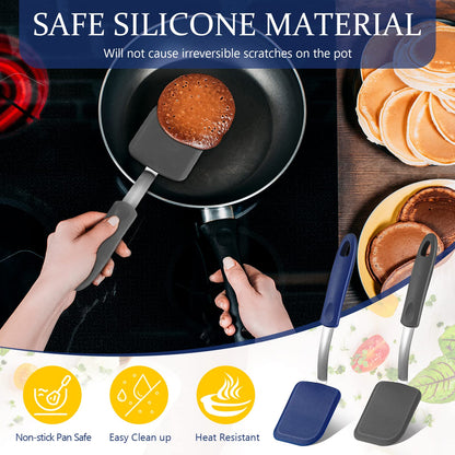 Yetene Silicone Cookie Spatula Turner 2 Pack Mini Brownie Spatula Flexible Kitchen Small Silicone Turner for Nonstick Cookware Heat Resistant No Scratch Flipper for Egg Pancake(Gray, Blue)