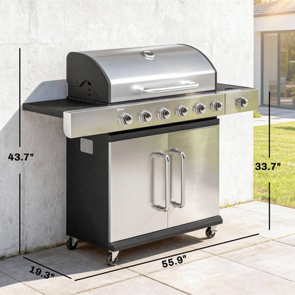 Outsunny 6 Burner Propane Gas Grill with Side Burner, 63,000 BTU Stainless Steel Barbecue Grill with Cast Iron Grates, Wheels, Warming Rack, Side Tables, Cabinet for Outdoor Kitchen, Backyard Barbecue