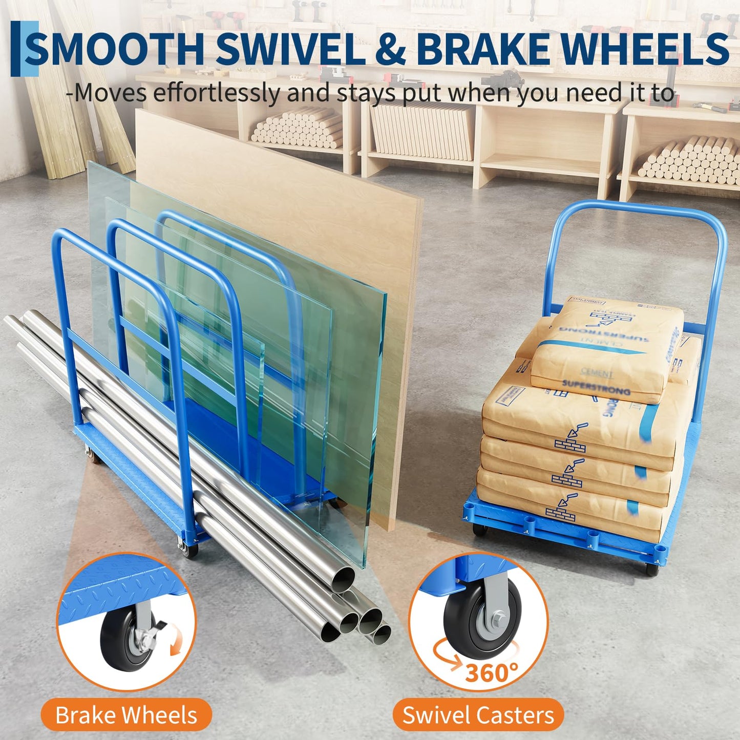 2000LBS Heavy Duty Folding Platform Truck - Q235 Steel Flatbed Hand Truck - 4 Swivel Wheels (2 Brakes) - Collapsible Push Cart Dolly for Warehouse, Workshop, Industrial Moving