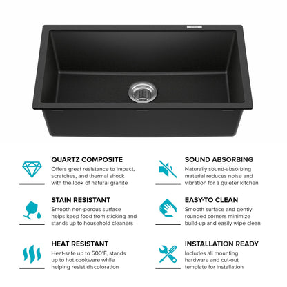KRAUS Quarza 31-inch Undermount Single Bowl Granite Kitchen Sink in Black Onyx, KGU-413B