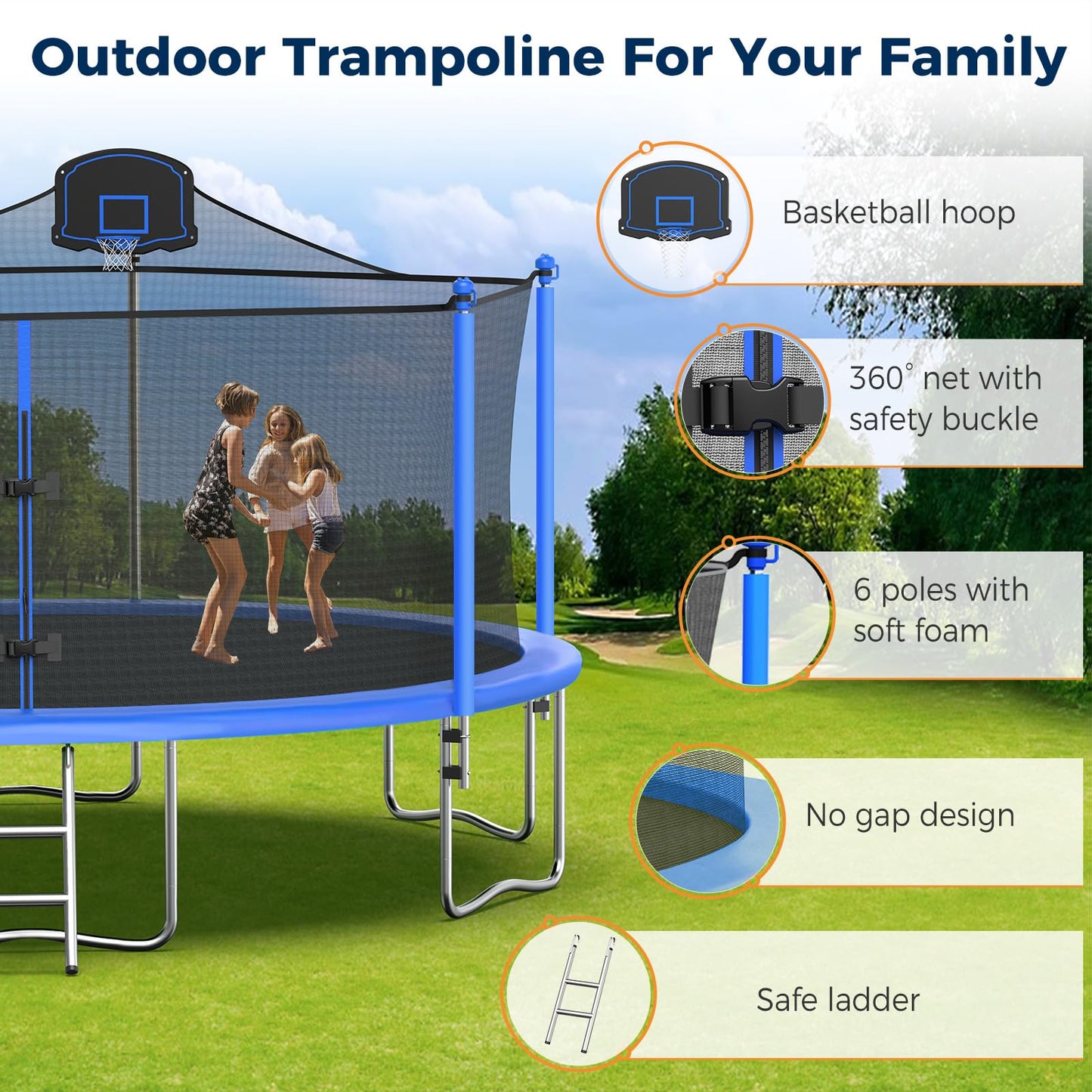 Tatub 16FT Trampoline for Kids and Adults, Outdoor Recreational Trampolines with Basketball Hoop & Enclosure Net, Blue
