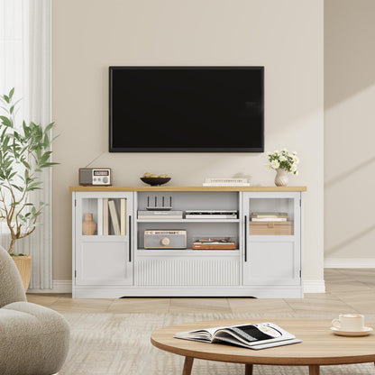 Garvee 63 in Farmhouse TV Stand for TVs Up to 72 in, Wave Pattern Entertainment Center with 2 Glass Door Cabinets & 2 Open Shelves, Sturdy Wood Media Console for Living Room, White & Natural