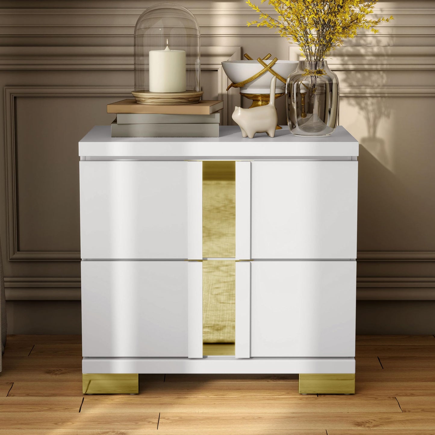 Furniture of America Ansten Modern Contemporary Solid Wood 23-inch 2-Drawer Nightstand with Dust Proof Cases, Acrylic Trim, Easy Assembly for Bedroom, Guest Room, White and Gold