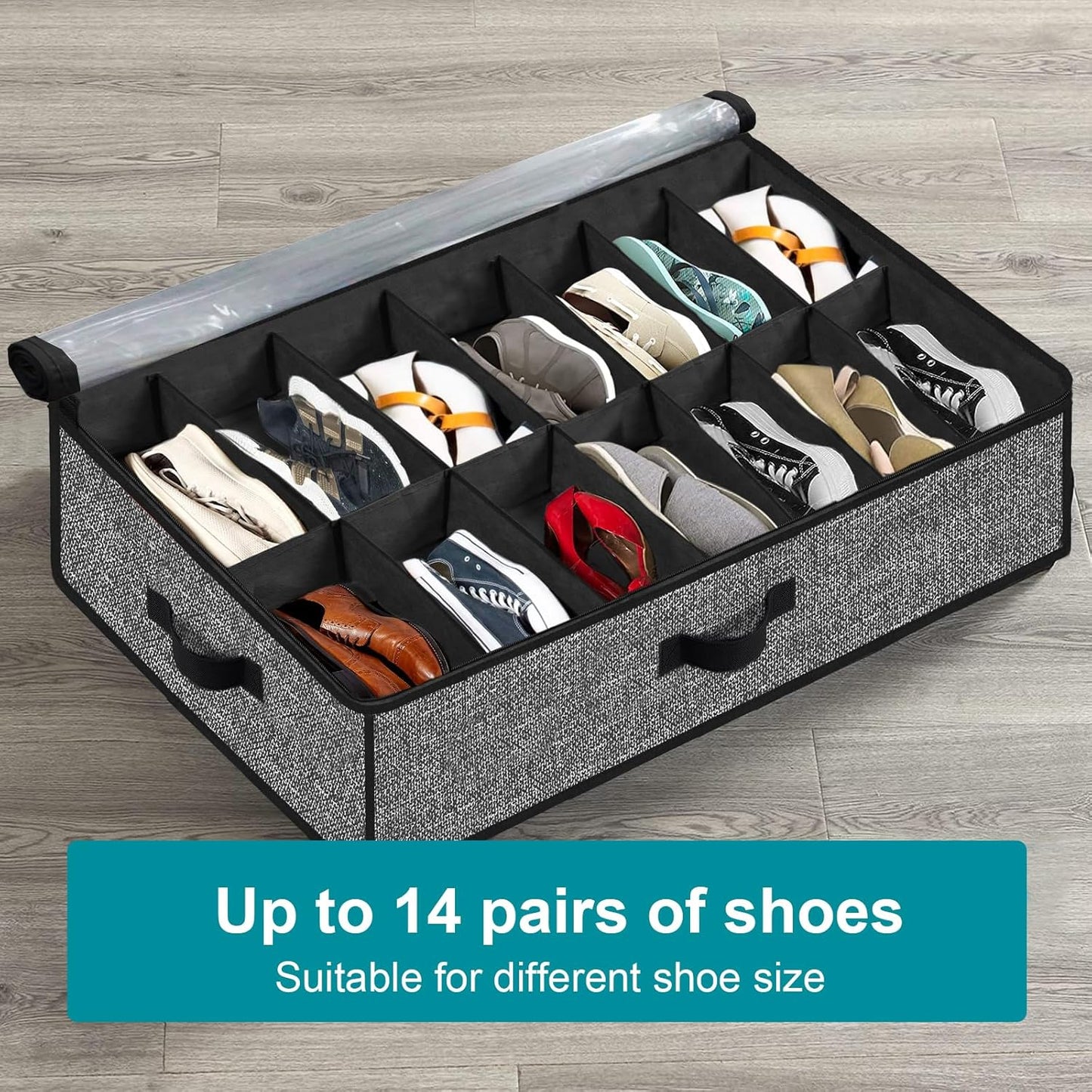 Under Bed Shoe Storage Organizer, 2 Pack Fits 32 Pairs, Clear Window, Foldable Shoe Rack Holder, Black