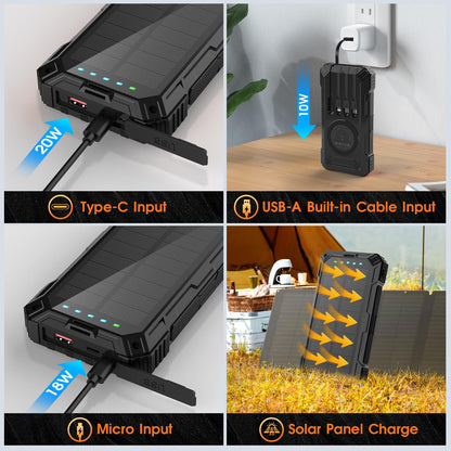 BLASOUL Solar Charger 49800mAh Power Bank - Wireless Portable Phone Charger with 4 Built-in Cable,22.5W Fast Charging Battery Pack USB C in/Output for All Cell Phone iPhone,Galaxy,Android,Etc(Black)